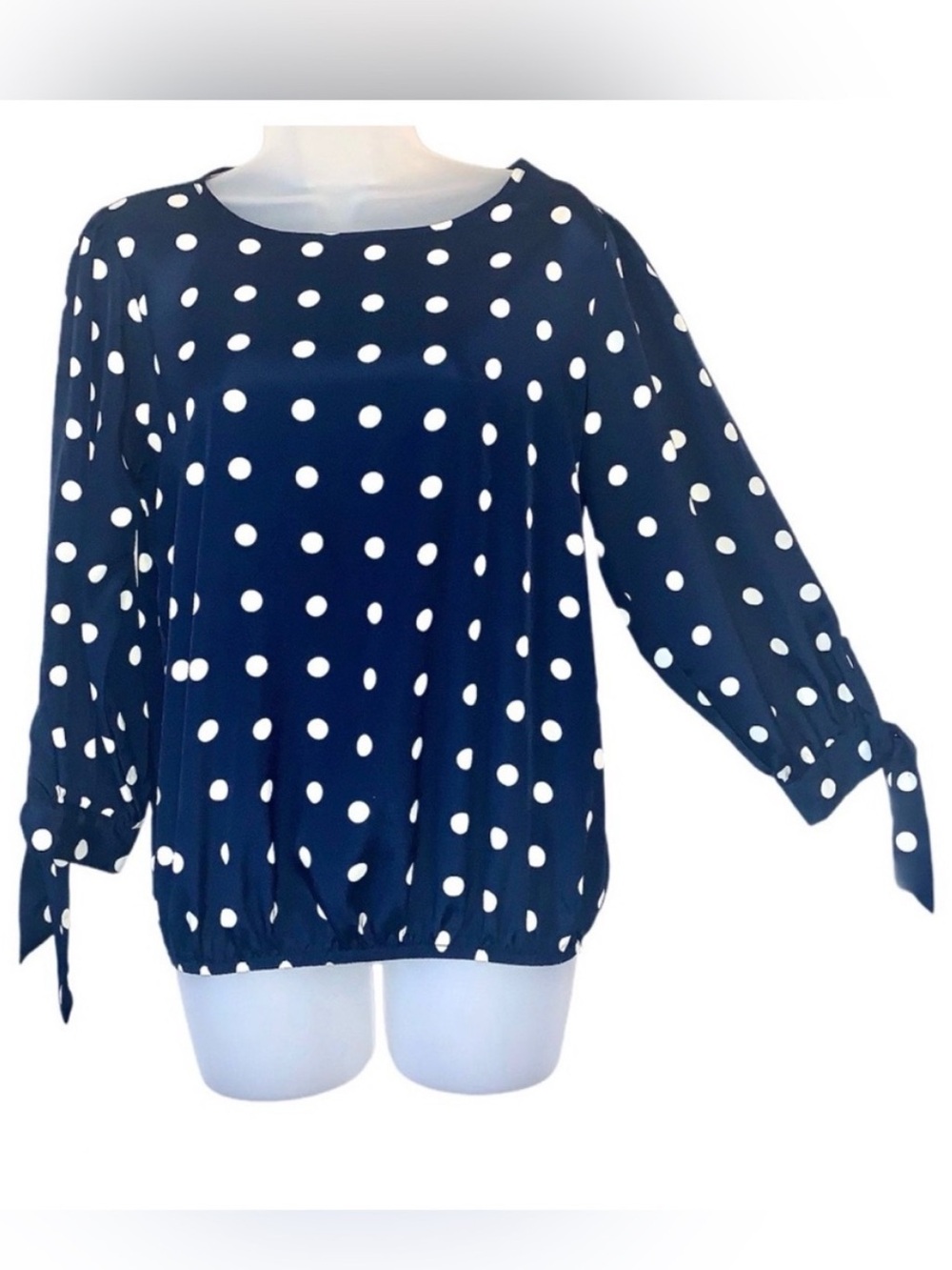 Metaphor Satin Polka Dot Bow Sleeve Top Navy Blue White Work Office Preppy Small
